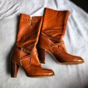Zodiac USA Brass Toe Leather Western Heeled Boots • Tan • Women’s 8M